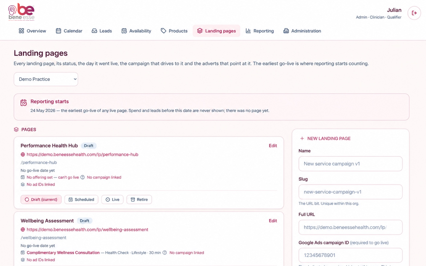 Landing page management with lifecycle states